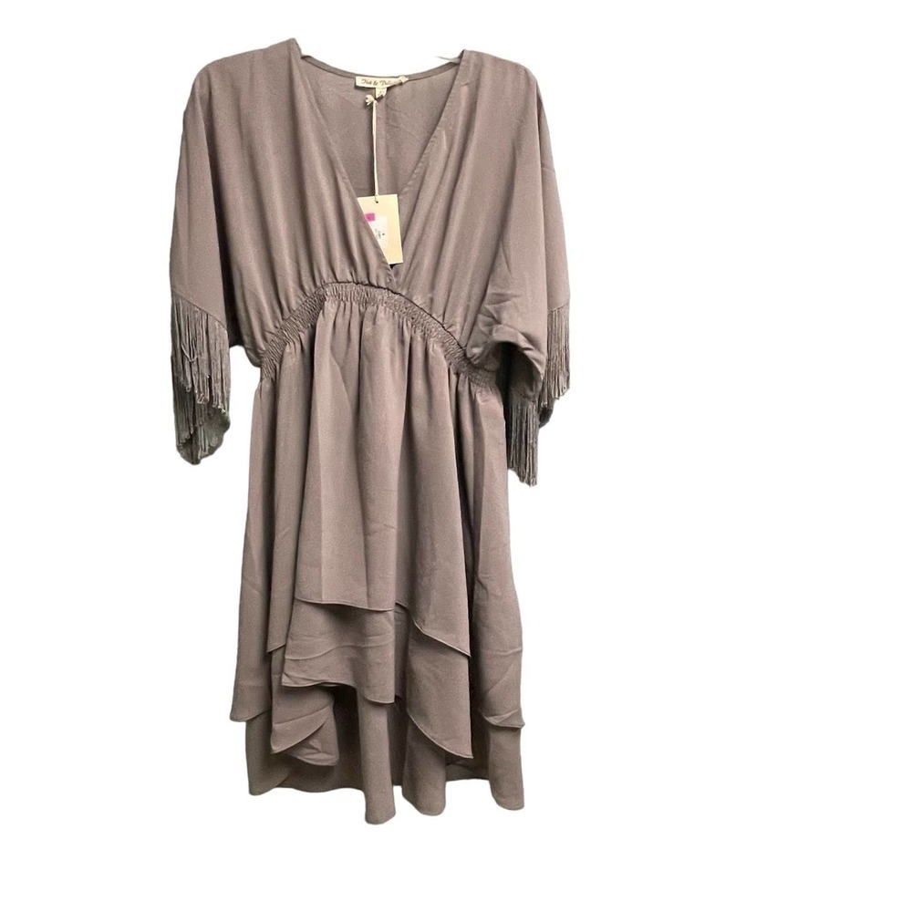NWT Gray Flowy Tiered Dress with Fringe SZ M